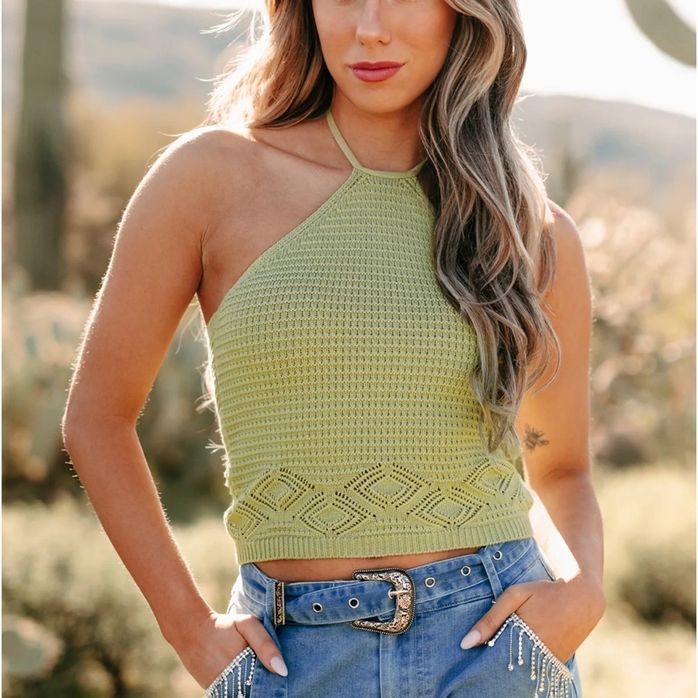 NWOT Nanamacs Be Cool Little Bit Hippy Olive Crochet Knit Halter Top Sma…